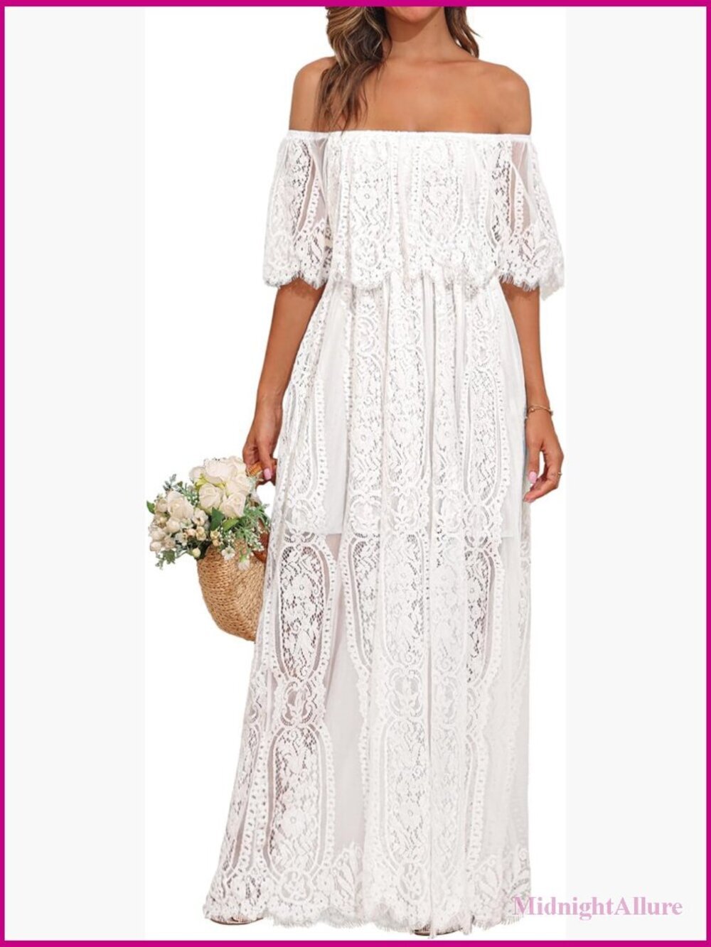 Off Shoulder Lace Maxi Dress Boho Wedding Guest Bridesmaid Beach Formal